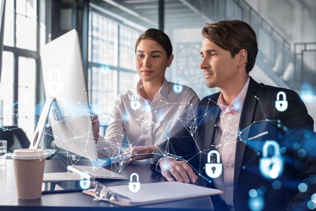 A businessman and businesswoman discussing the benefits of data security