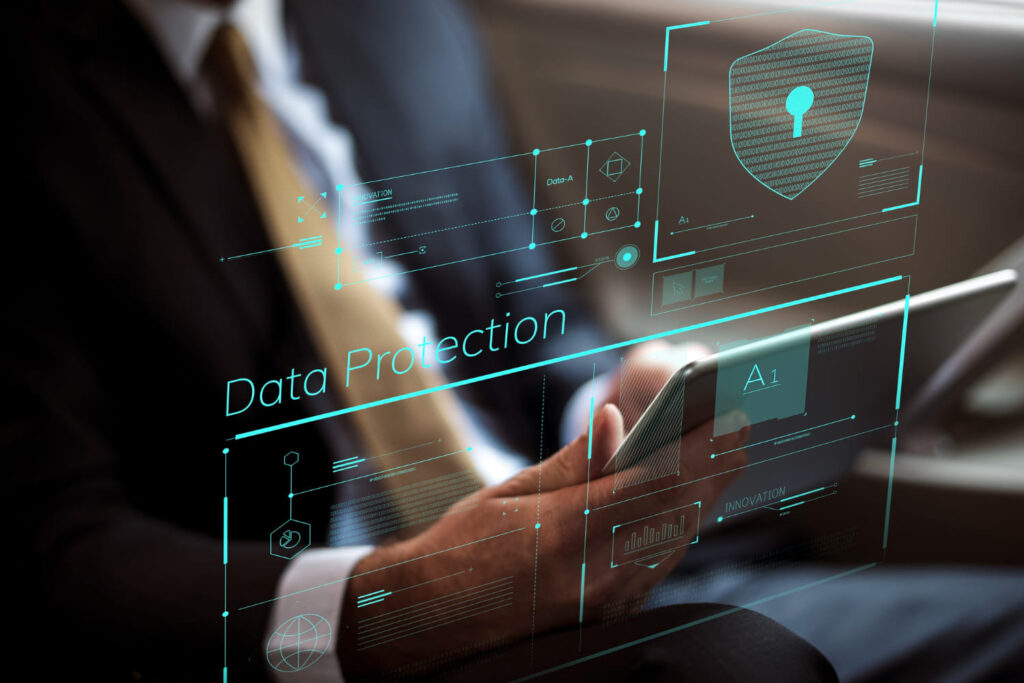 A businessman working on a digital data security