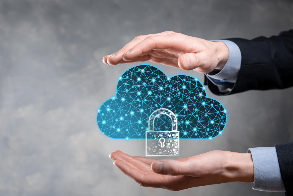 Cloud network security symbol with two hands between it
