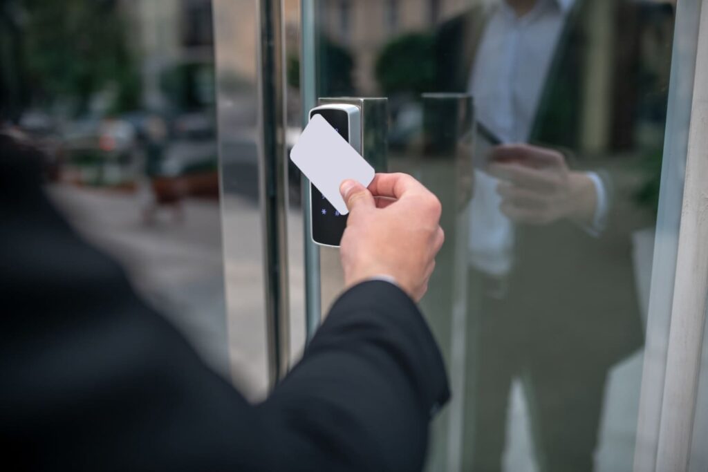 A young businessman entering a building