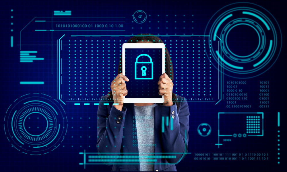 AES encryption logo hiding a person's face