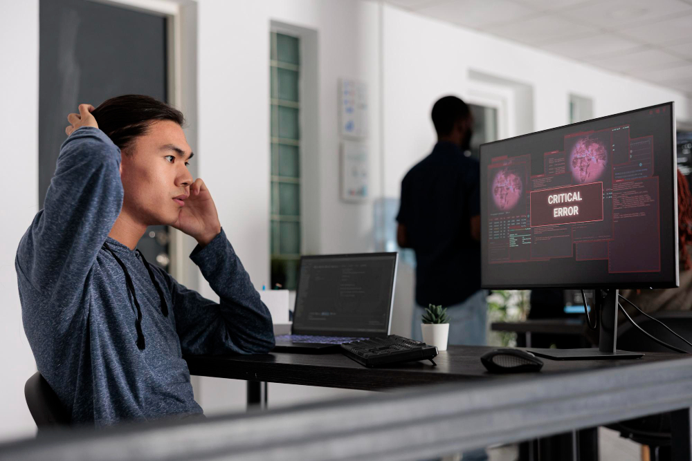 An Asian man detecting a cyber incident in his company's system