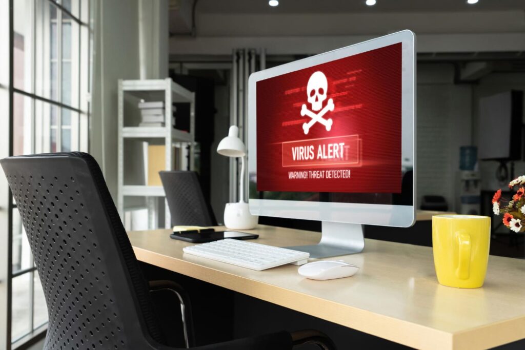 A virus warning alert on a computer