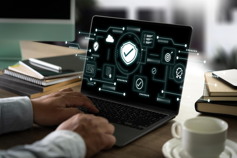 A laptop with shield protection on the screen