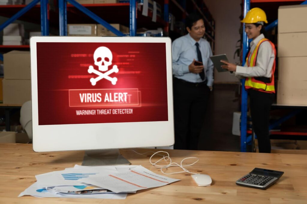 A virus alert on a computer screen