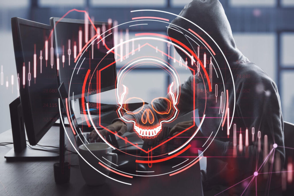 Side view of hacker using laptop with abstract glowing skull hologram on blurry office interior background