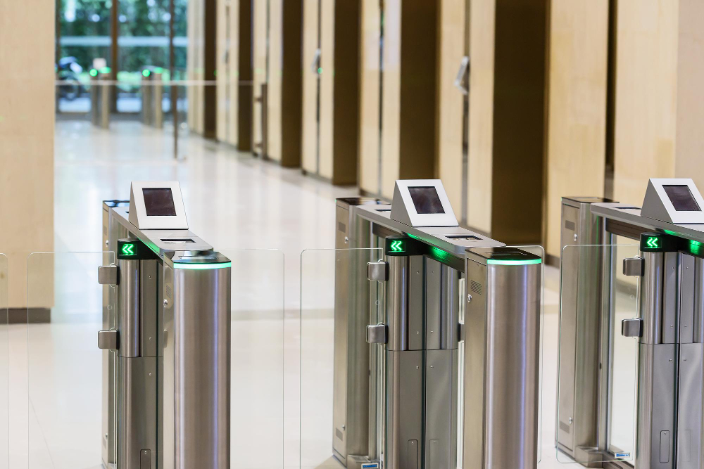 A row of turnstiles