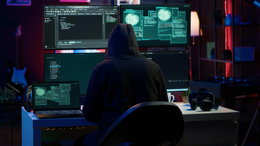 Hacker arriving in secret base with laptop ready to start a malicious attack