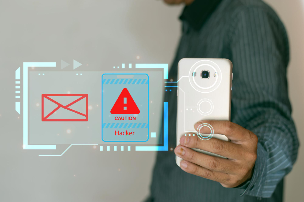 Hacker data through mobile phone by sending text link security concept