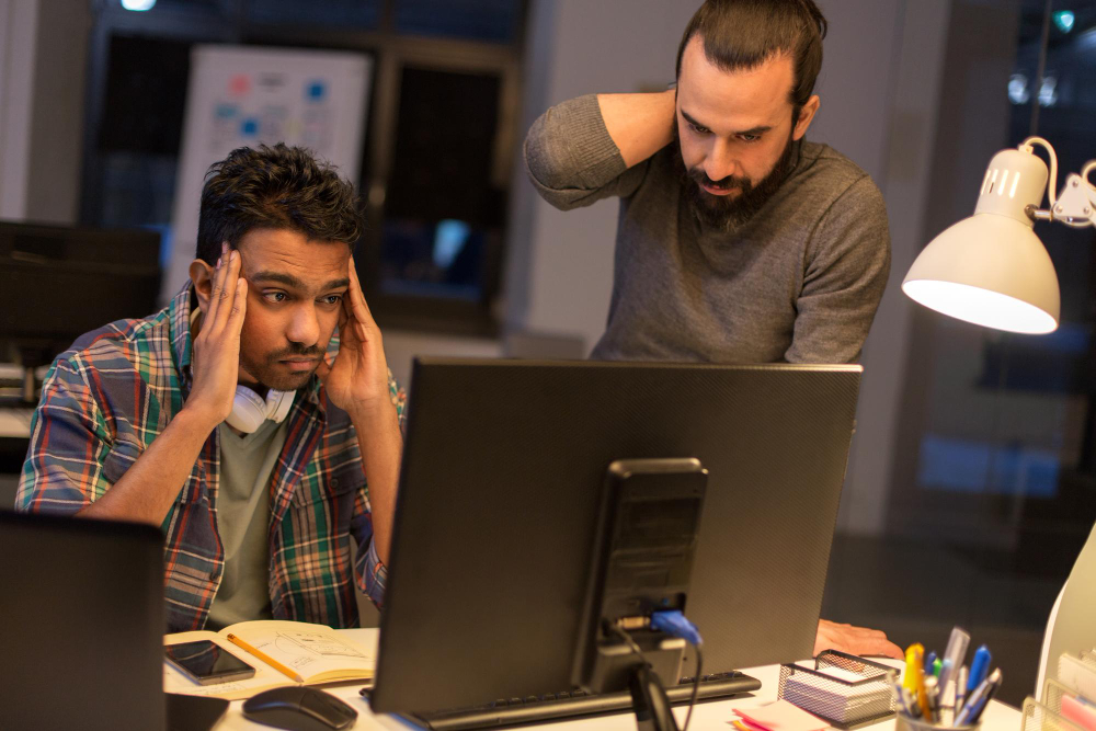 Two stressed-out office employees due to system error
