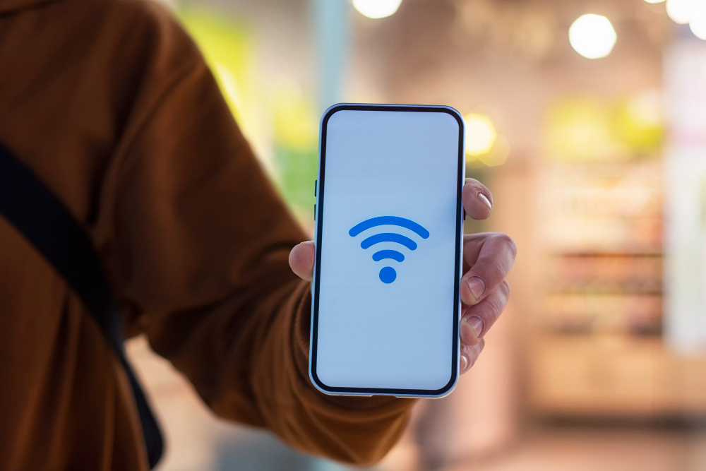 A man showing his phone to a cafe employee to confirm the real WiFi