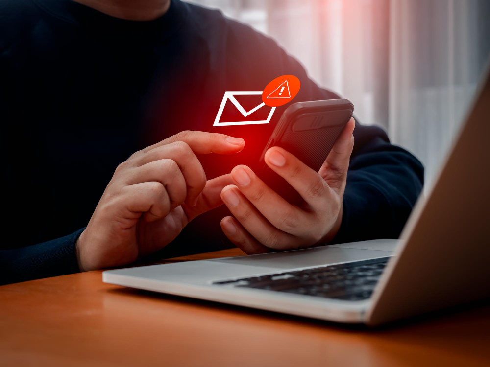 A man reading a spoofing email from his phone
