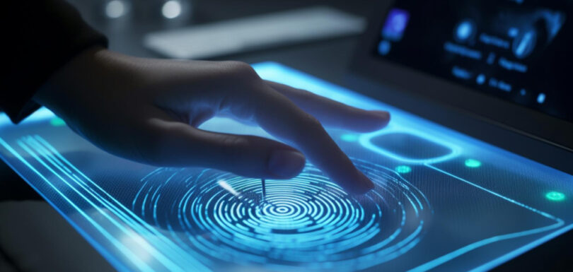 a person touch a screen with fingerprint to symbolize digital forensics